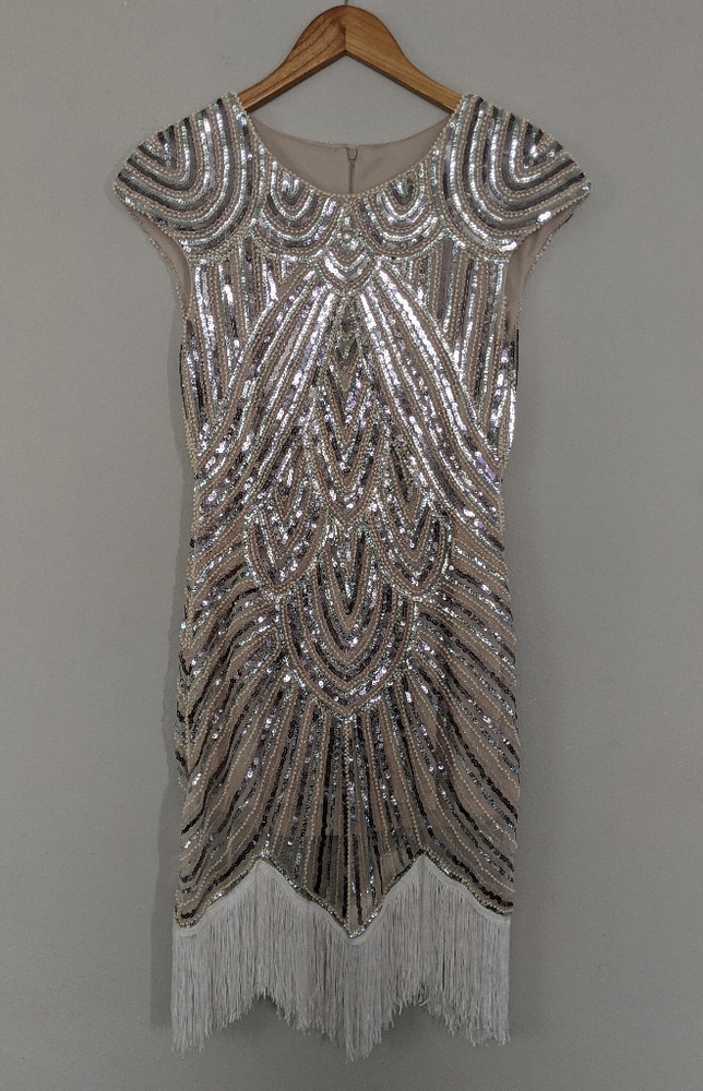 Beaded Sequin Mesh Mini Dress with Fringe